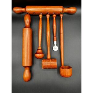 Vintage Wooden Hanging Kitchen Utensil Set Rolling Pin Meat‎ Mallet 6 Pc.